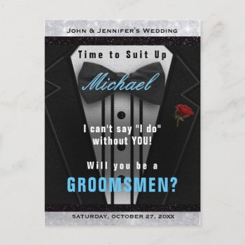 Groomsman Tuxedo Invitation Suit Up Postcard by GlitterInvitations at Zazzle