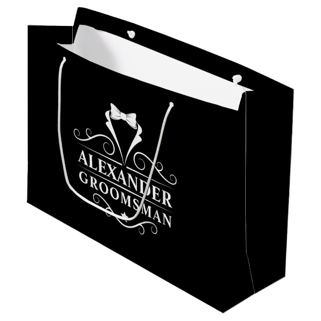 Groomsman Tuxedo Tie Black Large Gift Bag (Front Angled)