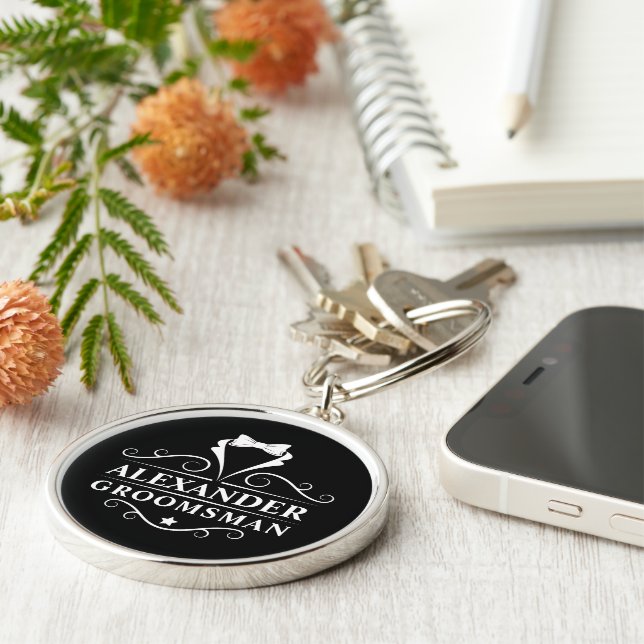 Groomsman Tuxedo Tie Black Premium Round Keychain (Side)