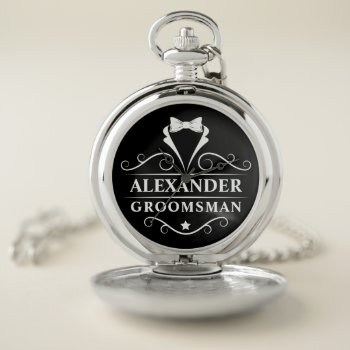 Groomsman Tuxedo Tie Silver And Black Pocket Watch by HappyMemoriesCardCo at Zazzle