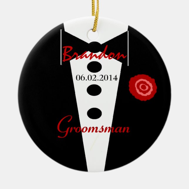 Groomsman Wedding Favor Custom Name Tux Ceramic Ornament (Front)