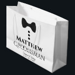Groomsman Wedding Favor - Cute Black Tie & Buttons Large Gift Bag<br><div class="desc">This gift bag is designed for your Groomsmen. The design features black text and a black tie with buttons on a white background. Includes a space for his name as well as the name of the couple and the wedding date. Fill with gifts, favors, candy, booze, or any other sort...</div>