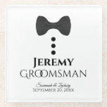 Groomsman Wedding Favor Cute Tuxedo Black Tie Glass Coaster<br><div class="desc">This glass coaster is both stylish and fun. It features a cute mock tuxedo design with a black bow tie and three black buttons. The text reads "Groomsman" and there is space for his name, the couple's name and the wedding date. Great wedding memento, thank you gift, or addition to...</div>