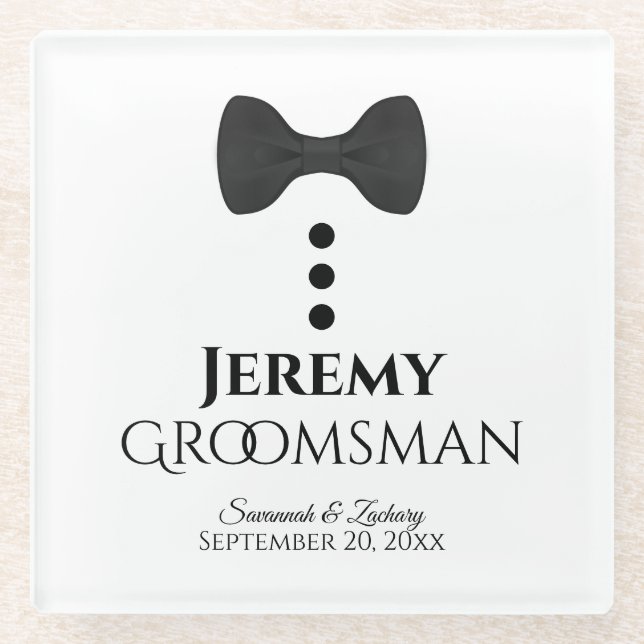 Groomsman Wedding Favor Cute Tuxedo Black Tie Glass Coaster (Front)