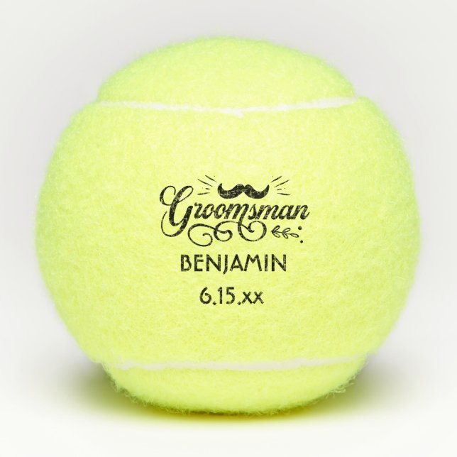Groomsman Wedding Mustache Name Date Tennis Balls (Front)