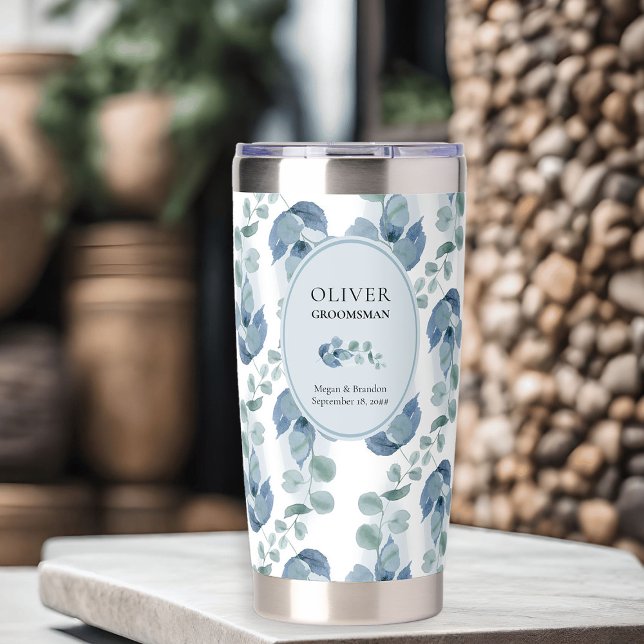 Groomsman Wedding Party Eucalyptus Greenery Insulated Tumbler (Eucalyptus wedding groomsman gift to personalize for anyone or everyone in your wedding party)