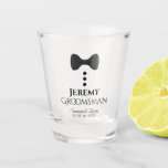 Groomsman Wedding Shot Glass with Black Tie<br><div class="desc">This fun shot glass is designed as a gift or favor for groomsmen. It features an image of a black tie and buttons, and has a place to enter his name. The text reads "groomsman" and has a place for the couple's name and wedding date. Great way to thank your...</div>