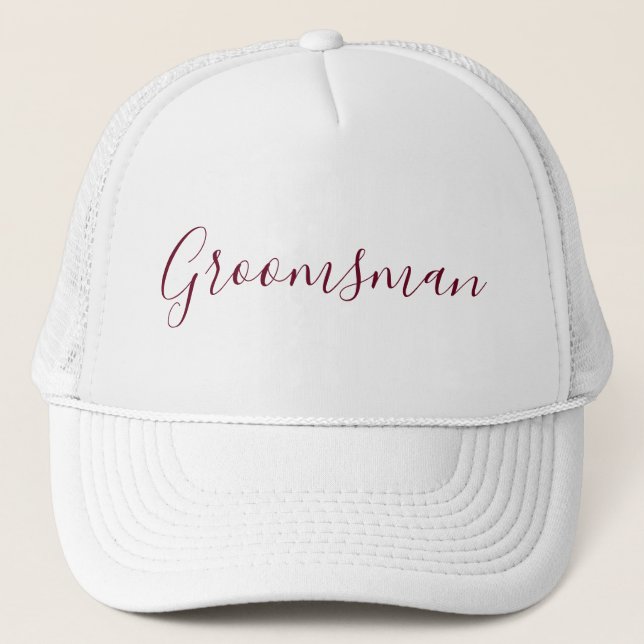 Groomsman White with Burgundy font Trucker Hat (Front)