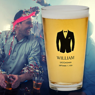 Groomsmen Black Tie Tuxedo Suit Name and Date Glass