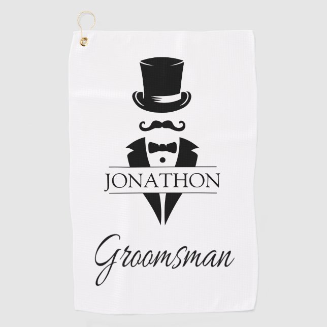 Groomsmen Black Tuxedo Top Hat Mustache Golf Towel (Front)