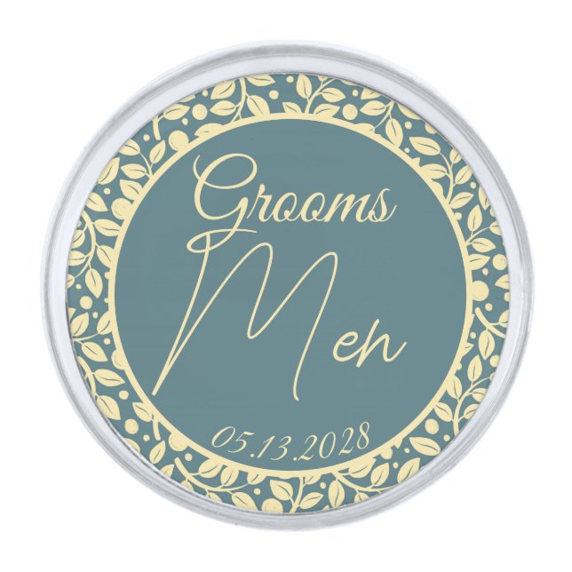 GroomsMen Blue & Cream Leaf Wedding Silver Finish Lapel Pin (Front)