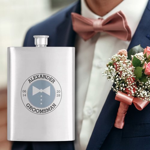 Groomsmen Bow Tie Elegant Dusty Blue White Wedding Flask