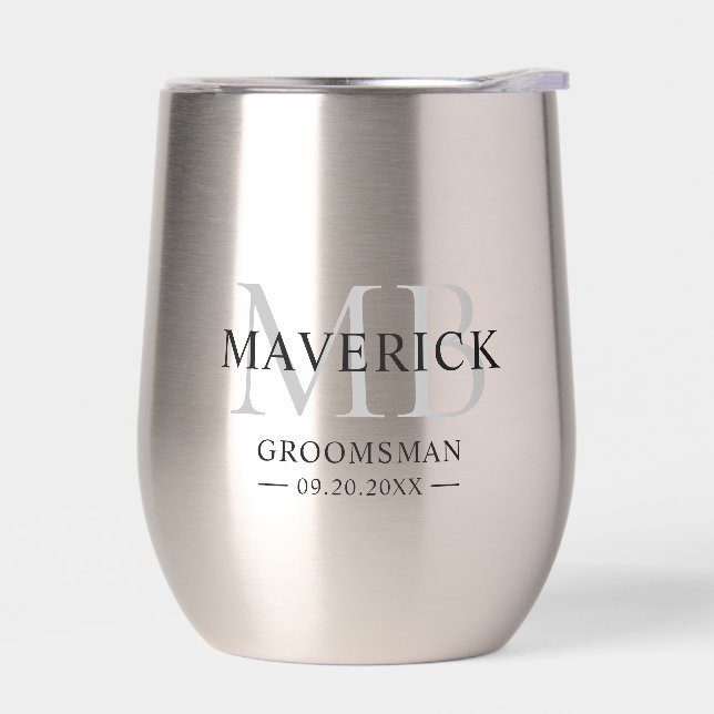 Groomsmen Gift Modern Trendy Monogram Initials Thermal Wine Tumbler (Left)