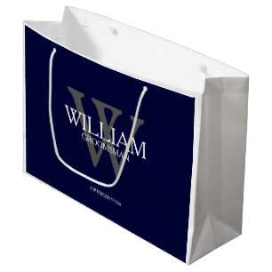 Groomsmen Gift Monogram Modern Navy Blue Large Gift Bag