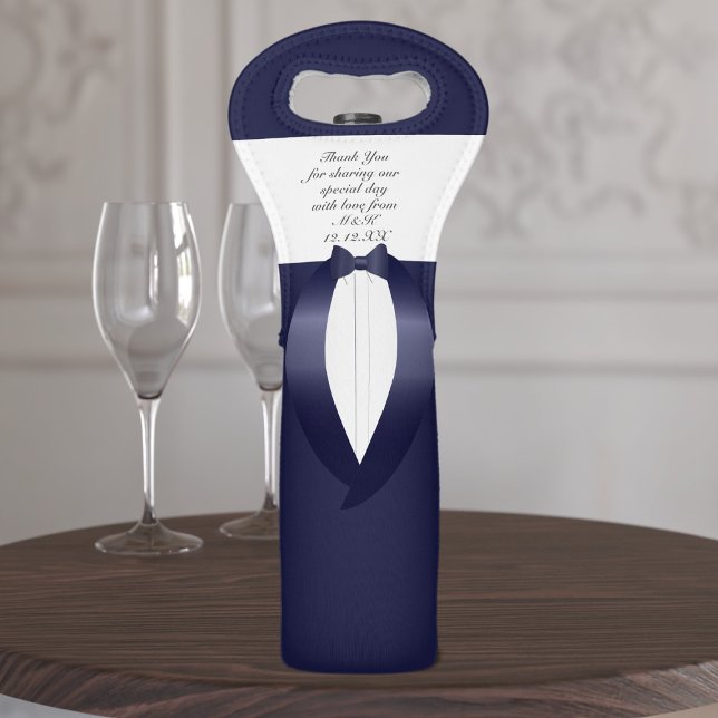 Groomsmen Gift Navy Blue Tuxedo Bow Tie Wedding Wine Bag (Add your short thank you message to this navy blue tuxedo bridal party wine bag)