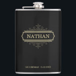 Groomsmen Gift Personalized Flask Black Gold Name<br><div class="desc">Groomsmen Gift Personalized Flask Black Gold Name This 8 oz. Stainless Steel Flask is Pure Class. With it's Sleek Black Finish, and Stately Gold , Your Groomsmen will just love their Special Gift. You can Customize the flask to accommodate any occasion. You can easily edit the groomsmen text at the...</div>