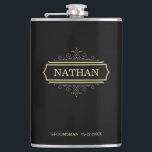 Groomsmen Gift Personalized Flask Black Gold Name<br><div class="desc">Groomsmen Gift Personalized Flask Black Gold Name This 8 oz. Stainless Steel Flask is Pure Class. With it's Sleek Black Finish, and Stately Gold , Your Groomsmen will just love their Special Gift. You can Customize the flask to accommodate any occasion. You can easily edit the groomsmen text at the...</div>