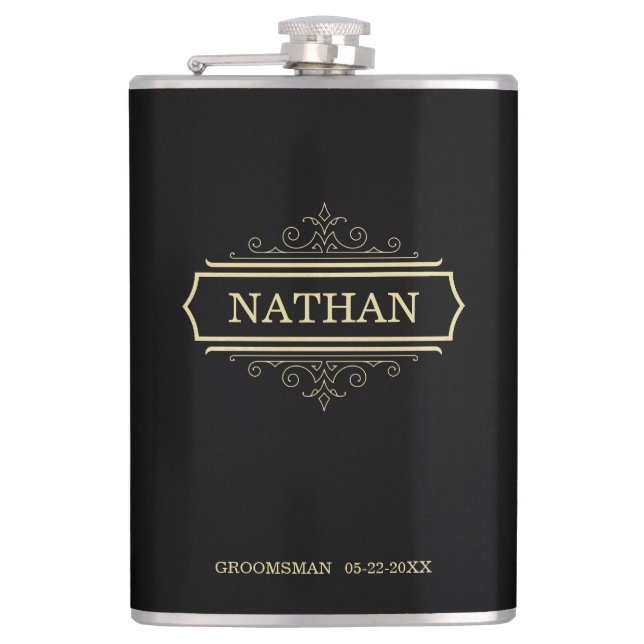 Groomsmen Gift Personalized Flask Black Gold Name (Front)