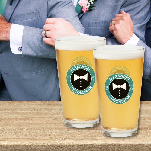 Groomsmen Gift  Teal Bow Tie Wedding Beer Glass