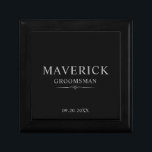 Groomsmen Gifts Elegant Wedding Party Best Man Gift Box<br><div class="desc">This stylish groomsman black gift box features the groomsmen name, title and date written in a trendy, light gray minimalist typography. Simply add the names of the groomsmen, their title and date in the personalize section to create your own wedding favors. Although shown here as a groomsman gift box, easily...</div>
