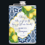 Groomsmen gifts favors blue tiles lemon Amalfi  Flask<br><div class="desc">Groomsmen gifts Blue tiles and lemon Amalfi Positano Mediterranean style bridal party favors personalized name custom flask,  Morocco style carved border. Makes a lovely keepsake gift for your special guests.</div>