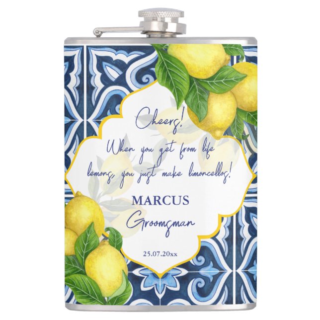 Groomsmen gifts favors blue tiles lemon Amalfi  Flask (Front)