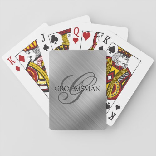 Groomsmen Monogram Brushed Silver Poker Cards