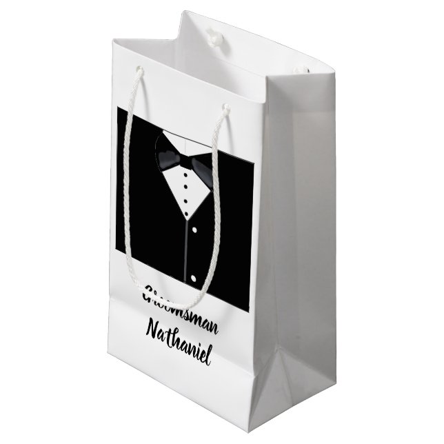 Groomsmen Personalized Black Tuxedo Small Gift Bag (Front Angled)