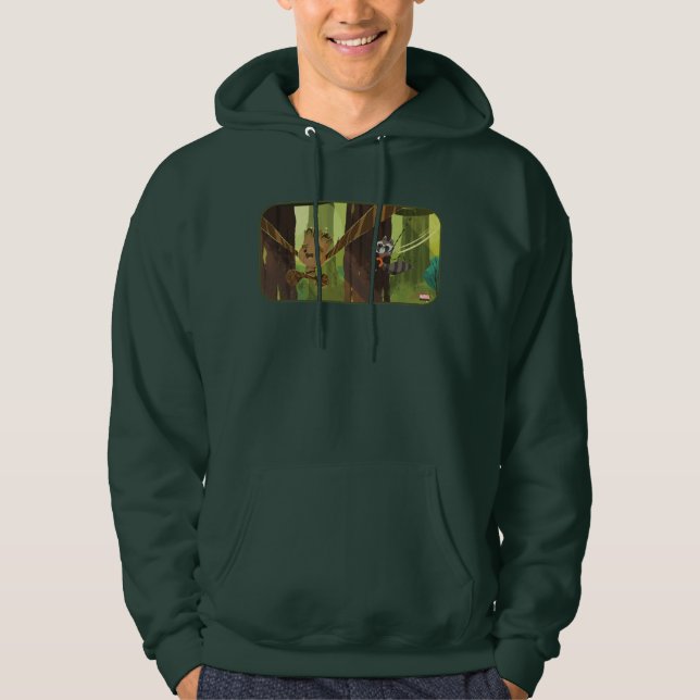 Groot and Rocket Swinging From Trees Hoodie (Front)