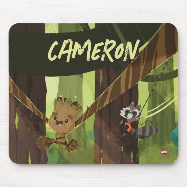 Groot and Rocket Swinging From Trees Mouse Pad (Front)