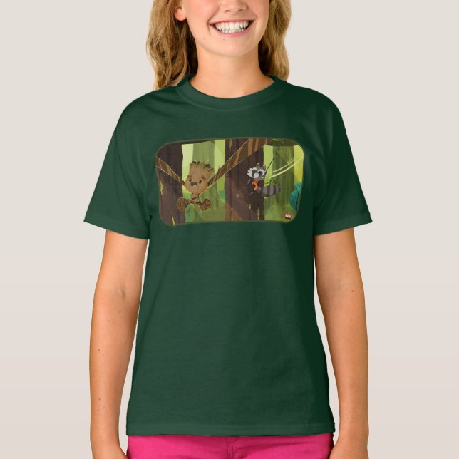 Groot and Rocket Swinging From Trees T-Shirt (Front)