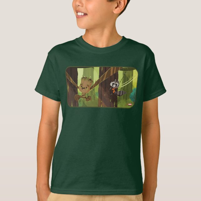 Groot and Rocket Swinging From Trees T-Shirt (Front)