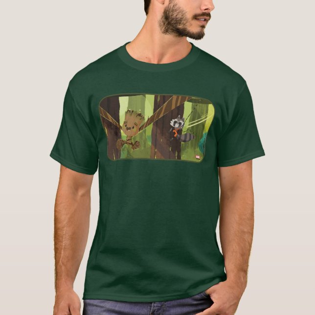 Groot and Rocket Swinging From Trees T-Shirt (Front)