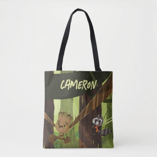 Groot and Rocket Swinging From Trees Tote Bag