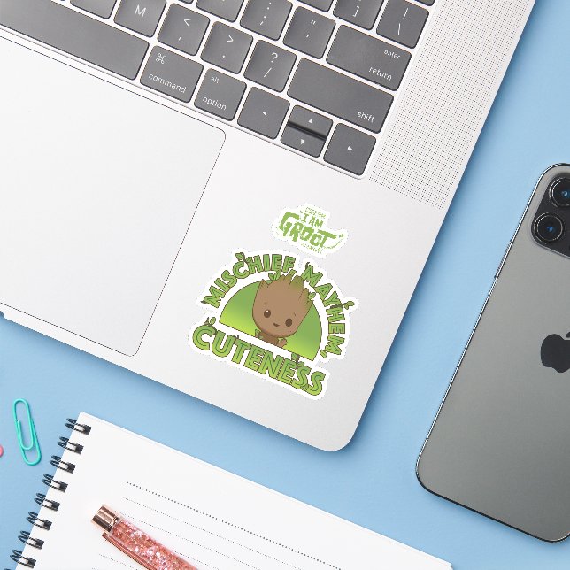 Groot - Mischief, Mayhem, Cuteness Sticker (Laptop w/ iPhone)