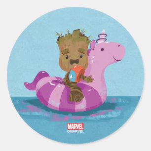 Groot Swimming on a Pool Float Classic Round Sticker