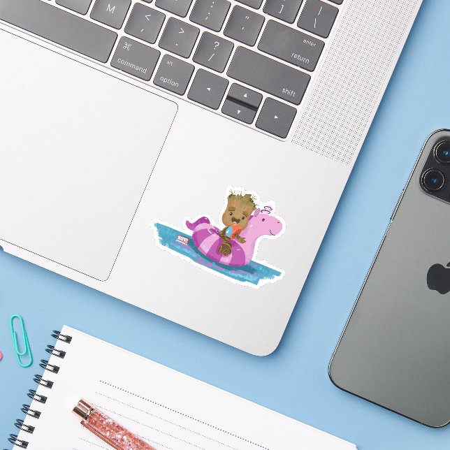 Groot Swimming on a Pool Float Sticker (Laptop w/ iPhone)
