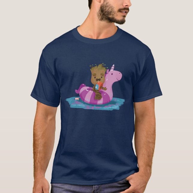 Groot Swimming on a Pool Float T-Shirt (Front)