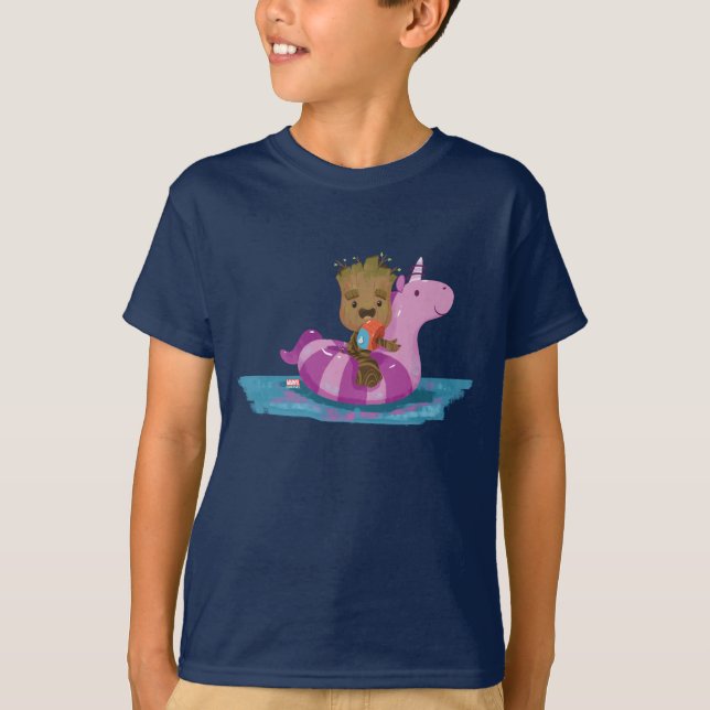 Groot Swimming on a Pool Float T-Shirt (Front)