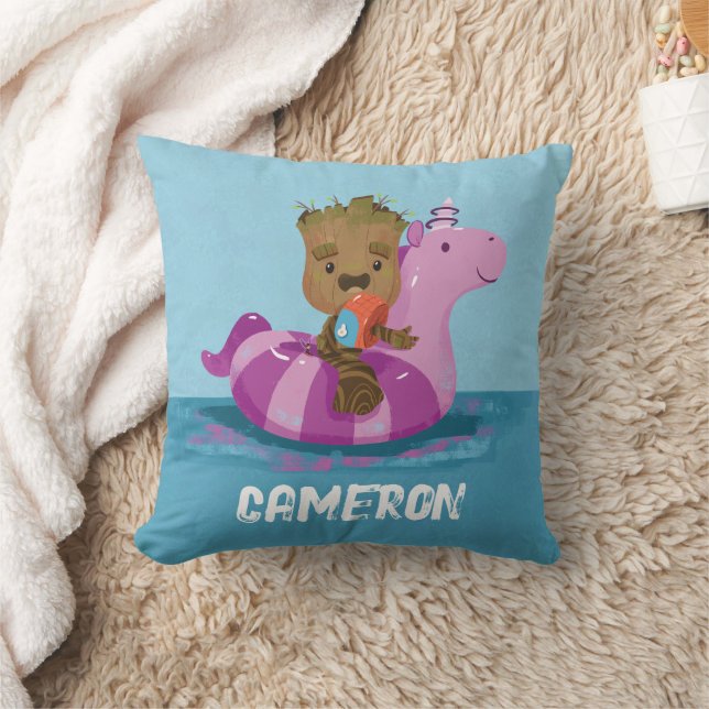 Groot Swimming on a Pool Float Throw Pillow (Blanket)