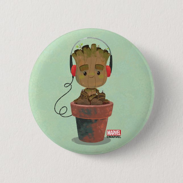 Groot Wearing Headphones Button (Front)