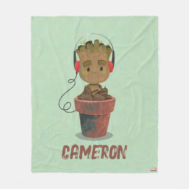 Groot Wearing Headphones Fleece Blanket (Front)