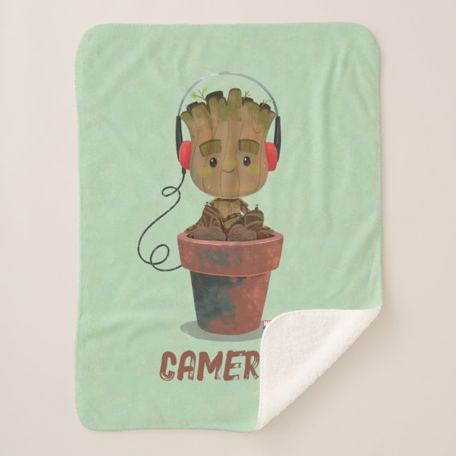 Groot Wearing Headphones Sherpa Blanket (Front)
