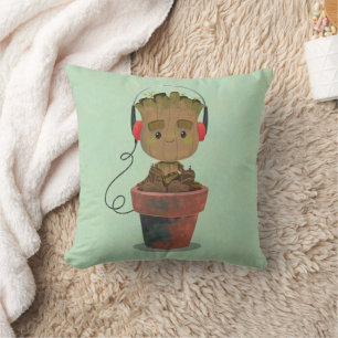 Groot Wearing Headphones Throw Pillow