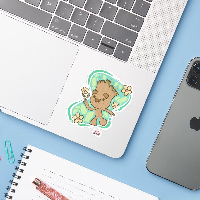 Groot with Yellow Flowers Sticker (Laptop w/ iPhone)