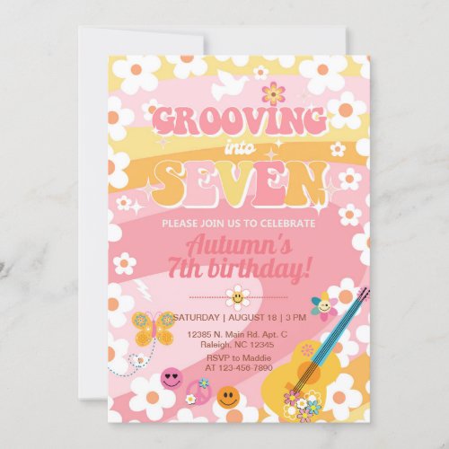 Grooving into Seven Groovy girl 7th birthday Invitation