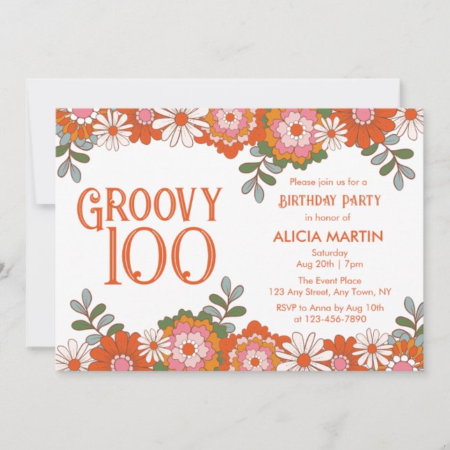 Groovy 100 Classic Hippie Flora Leaf Birthday Invitation (Front)