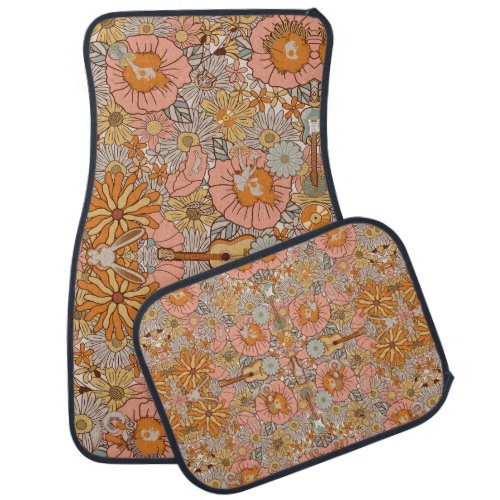 Groovy 1960 Orange Retro White Rabbit Guitar Daisy Car Floor Mat