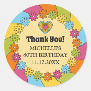 Groovy 1960s Retro Colorful Flowers Hearts Waves  Classic Round Sticker