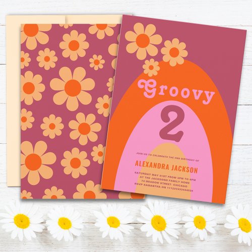 Groovy 2 Arch Retro Floral 2nd Birthday Party Invitation